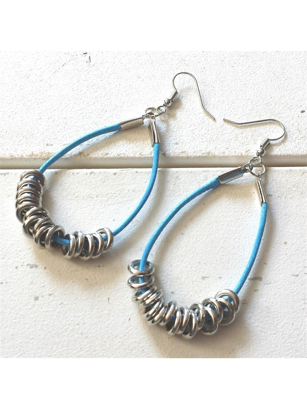 Handmade Turquoise Blue Long Polyester Cord Silver Rings Dangle Hoop Earrings